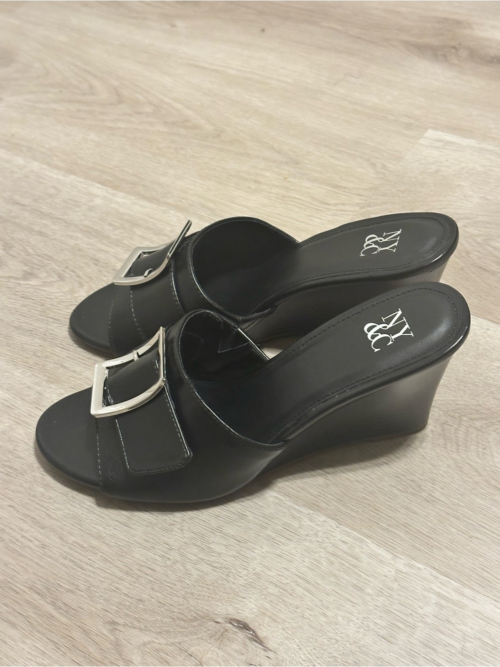 NY Collection Black Wedge Slide Sandals with Silver Buckles